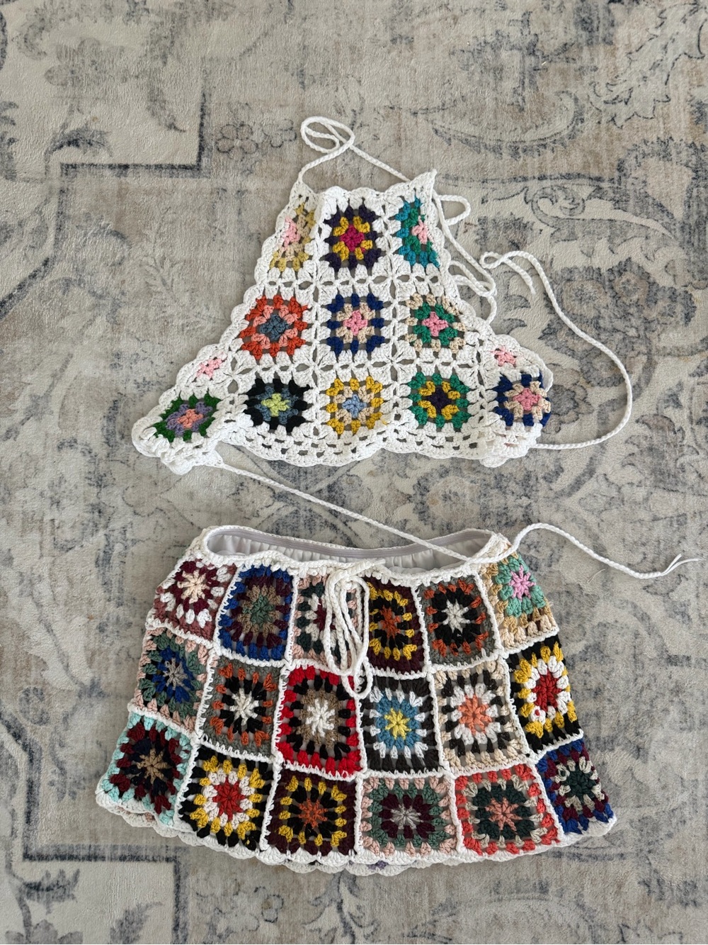 Handmade Multicolor Crochet Mini Skirt - White Trim set